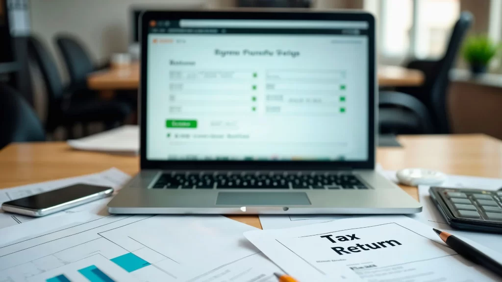 Laptop showing online tax filing software on a desk with tax return documents, calculator, and phone.