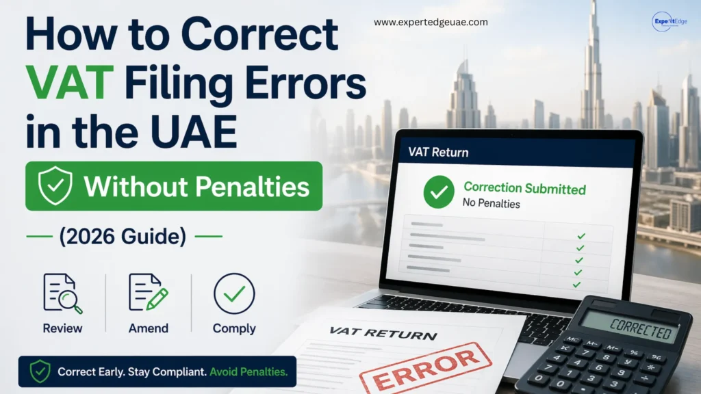 Illustration showing VAT return correction process in the UAE with laptop, calculator, and documents highlighting error correction without penalties