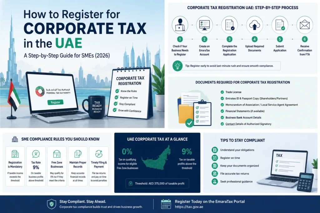 Corporate tax registration UAE infographic showing step-by-step SME registration process, required documents, FTA compliance rules, and tax guidance for 2026.