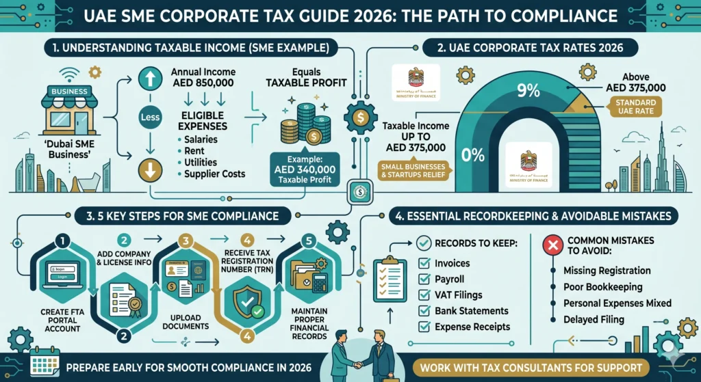 Infographic explaining UAE SME Corporate Tax Guide 2026 with sections covering taxable income calculation, 0% and 9% corporate tax rates, SME compliance steps, bookkeeping requirements, and common tax filing mistakes for UAE businesses.
