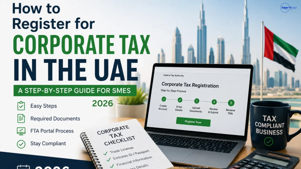 How to Register for Corporate Tax in the UAE – Step-by-Step SME Guide 2026 with FTA registration process on laptop screen
