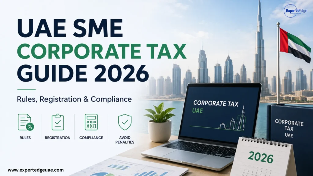 Professional featured image for UAE SME Corporate Tax Guide 2026 showing Dubai skyline, UAE flag, laptop with corporate tax dashboard, and business compliance elements related to rules, registration, and tax compliance for SMEs in the UAE.