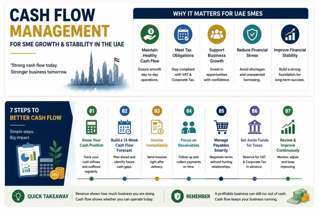 Infographic showing why cash flow management is important for UAE SMEs, highlighting financial stability, tax planning, business growth, and seven practical steps to improve cash flow.