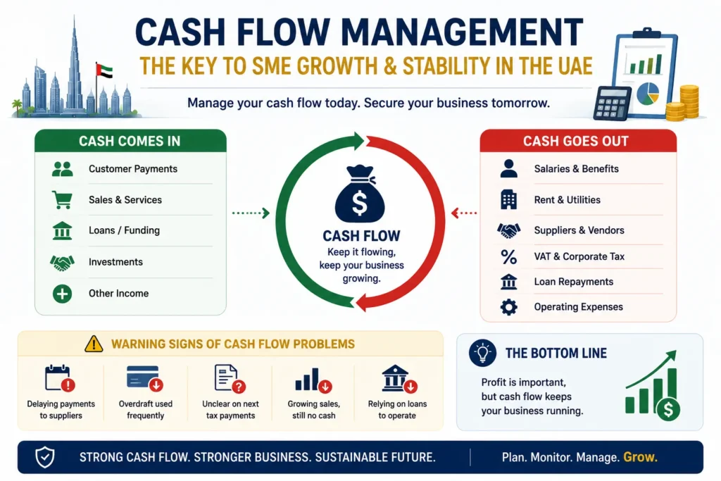 Cash flow management infographic for UAE SMEs showing cash inflows, cash outflows, warning signs of cash flow problems, and key financial stability insights for business growth.