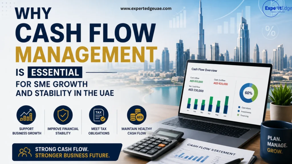 Cash flow management dashboard with financial reports and Dubai skyline, highlighting SME growth, financial stability, and tax planning in the UAE.